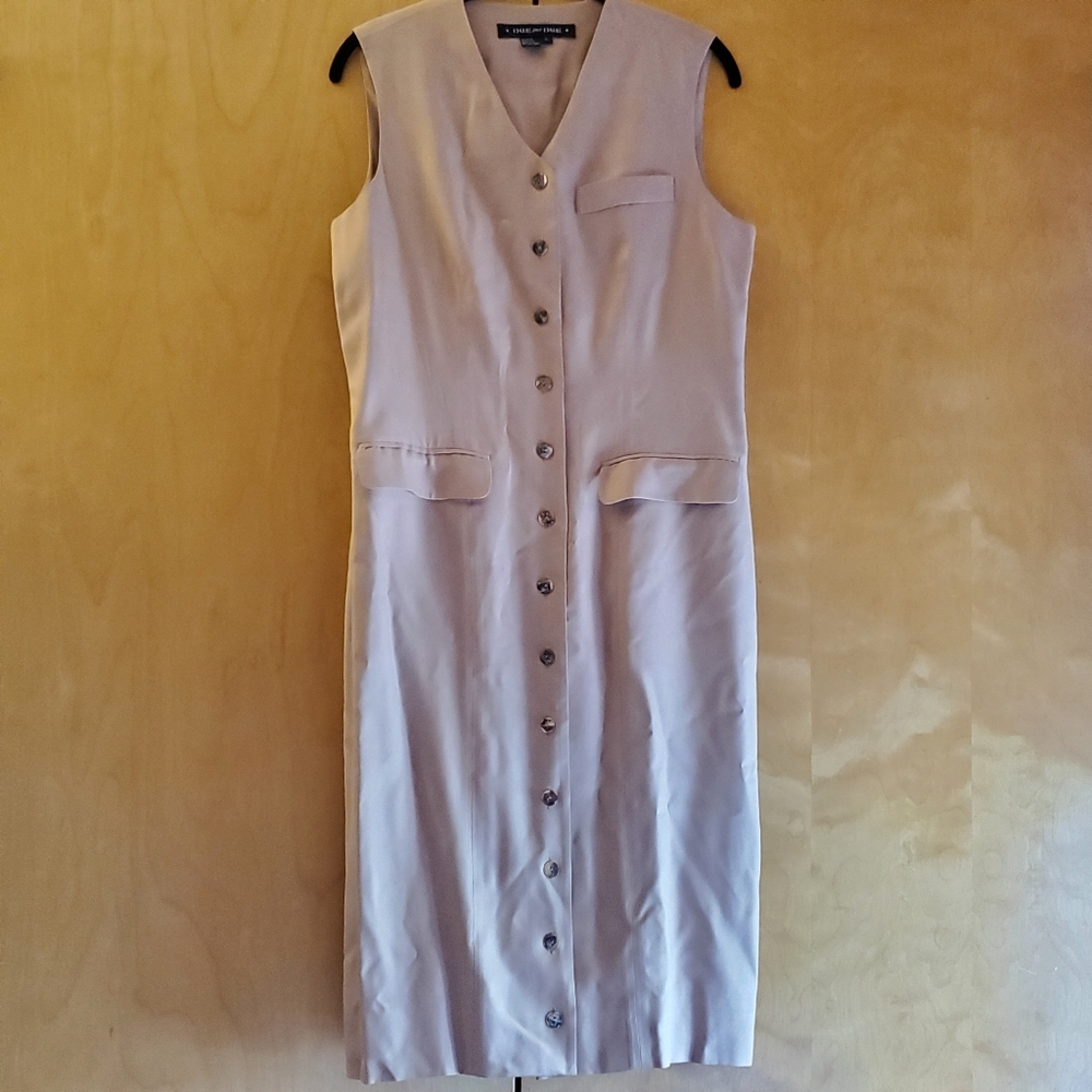 Due per Due Dress Womens 6 Tan Silk Sleeveless Career Preppy Button Down Sheath